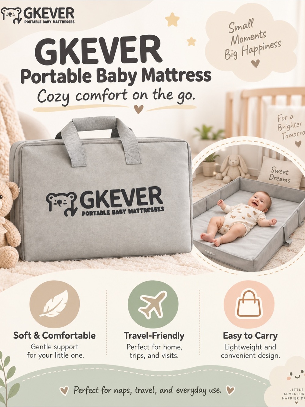 Gray Portable Baby Mattress - Cozy Travel Crib